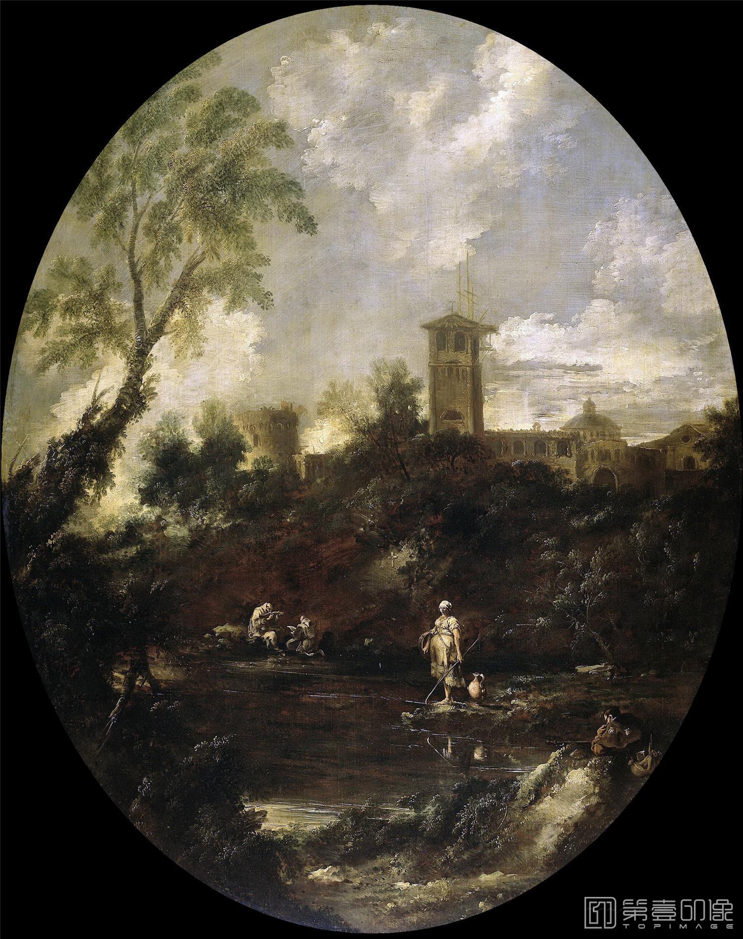 油画-荷兰阿姆斯特丹国家美术馆-Peruzzini Antonio Francesco Landschap met monniken pelgrim en boerin 1690-1740